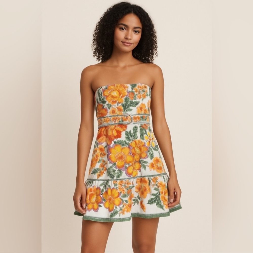 Joie Strapless Dress with Orange and Green Floral Design Size 12